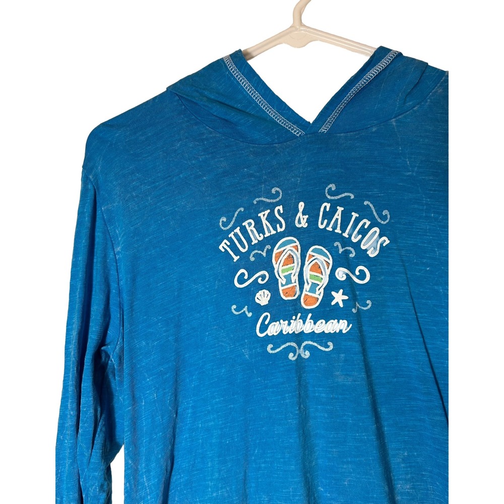 EMI Womens Turquoise Blue Long Sleeve Hooded‎ Shirt Turks and Caicos Medium